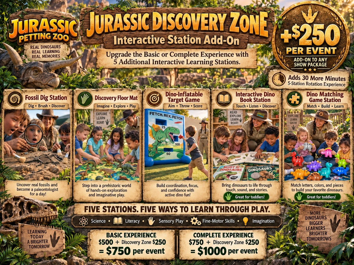 Jurassic Discovery Zone add-on for birthday parties: five interactive learning stations, plus $250 per event