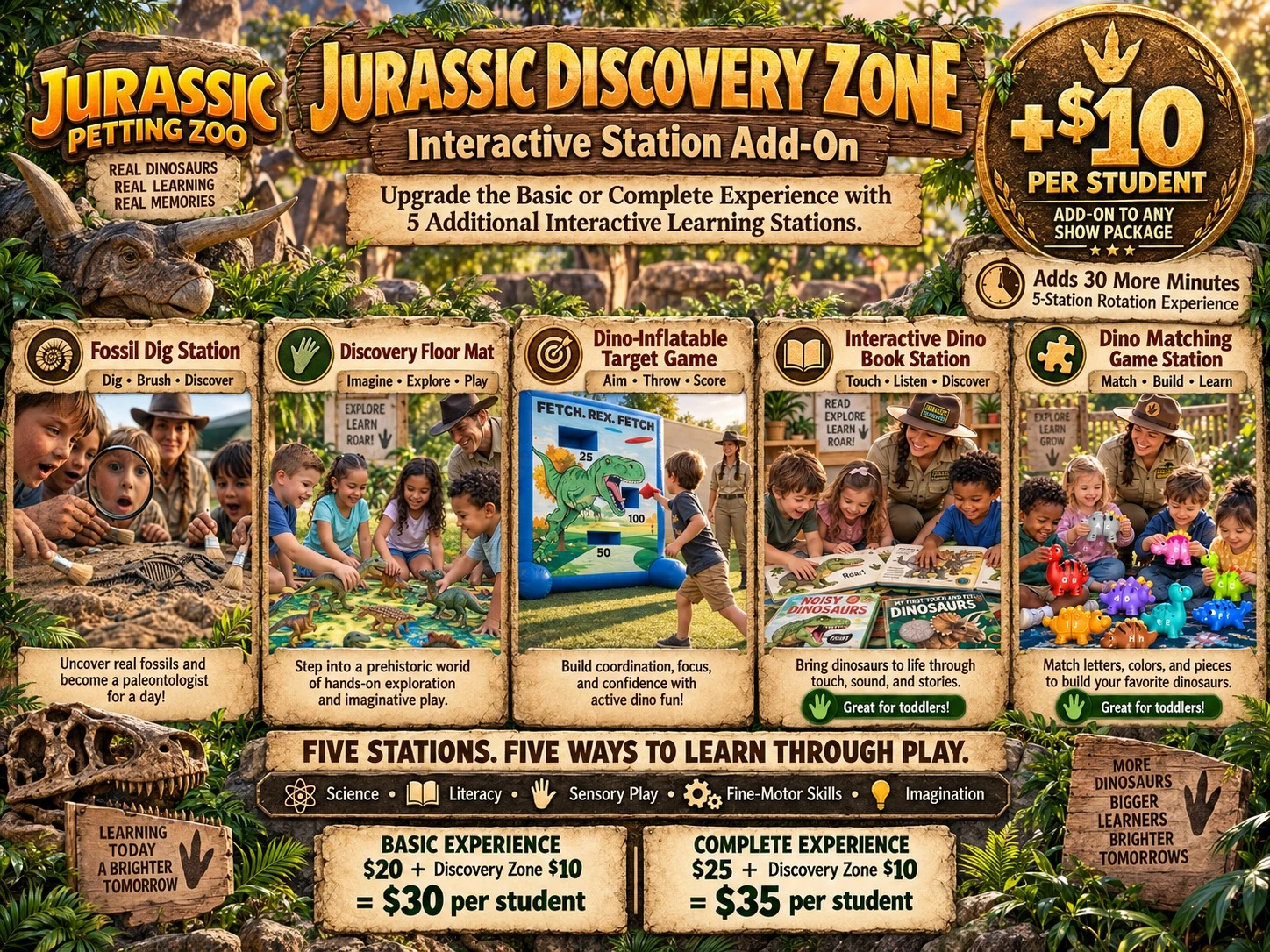 Jurassic Discovery Zone add-on for schools: five interactive learning stations, plus $10 per student