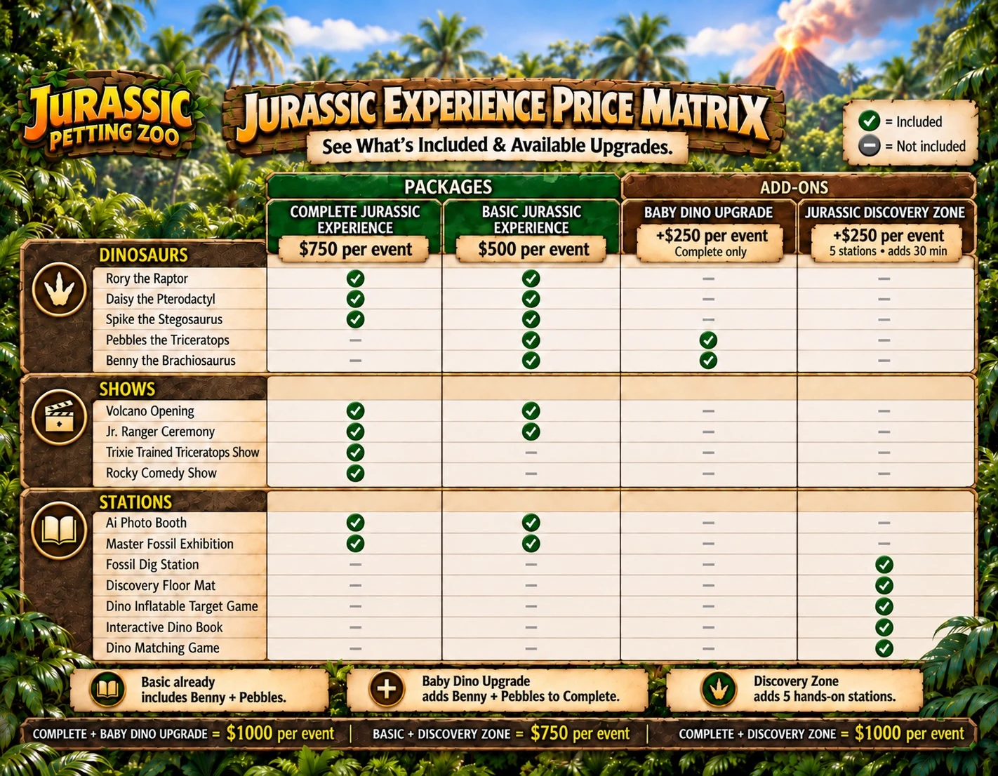 Birthday price matrix comparing what the Basic and Premium packages and the two add-ons include