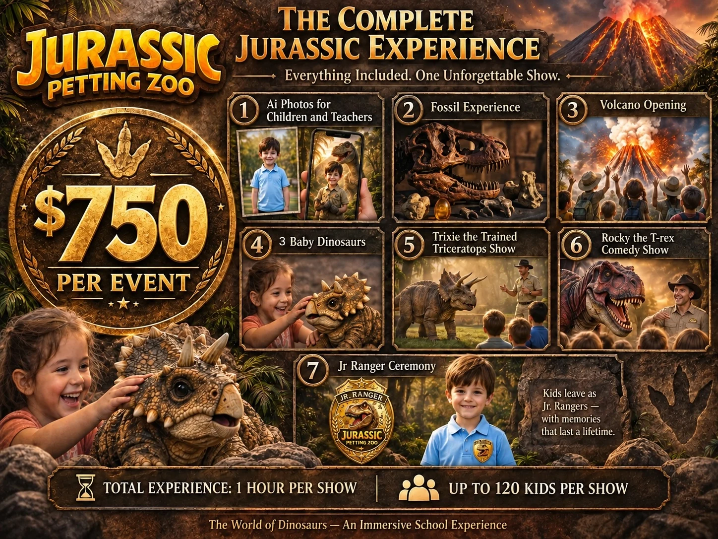Premium Jurassic Experience for birthday parties: $750 per event